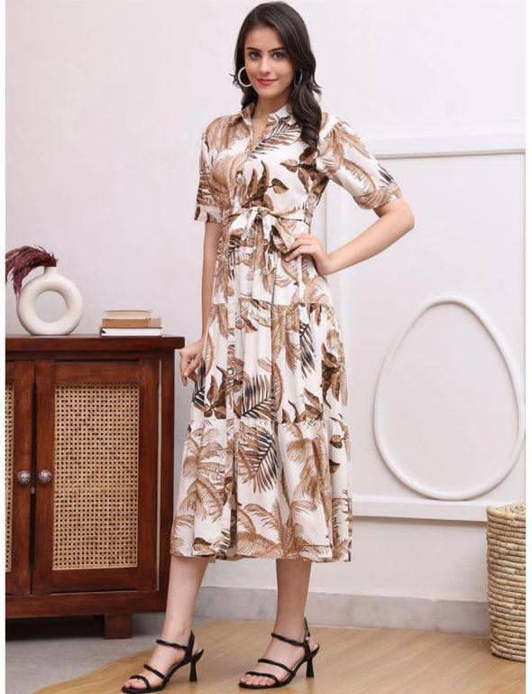Beige And White Tropical Print Belted Shirt Midi Dress For Women