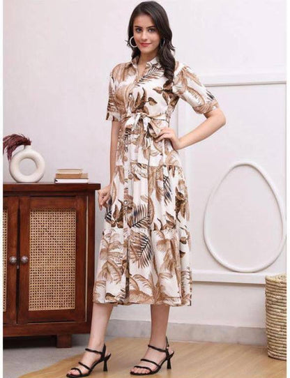 Beige And White Tropical Print Belted Shirt Midi Dress For Women