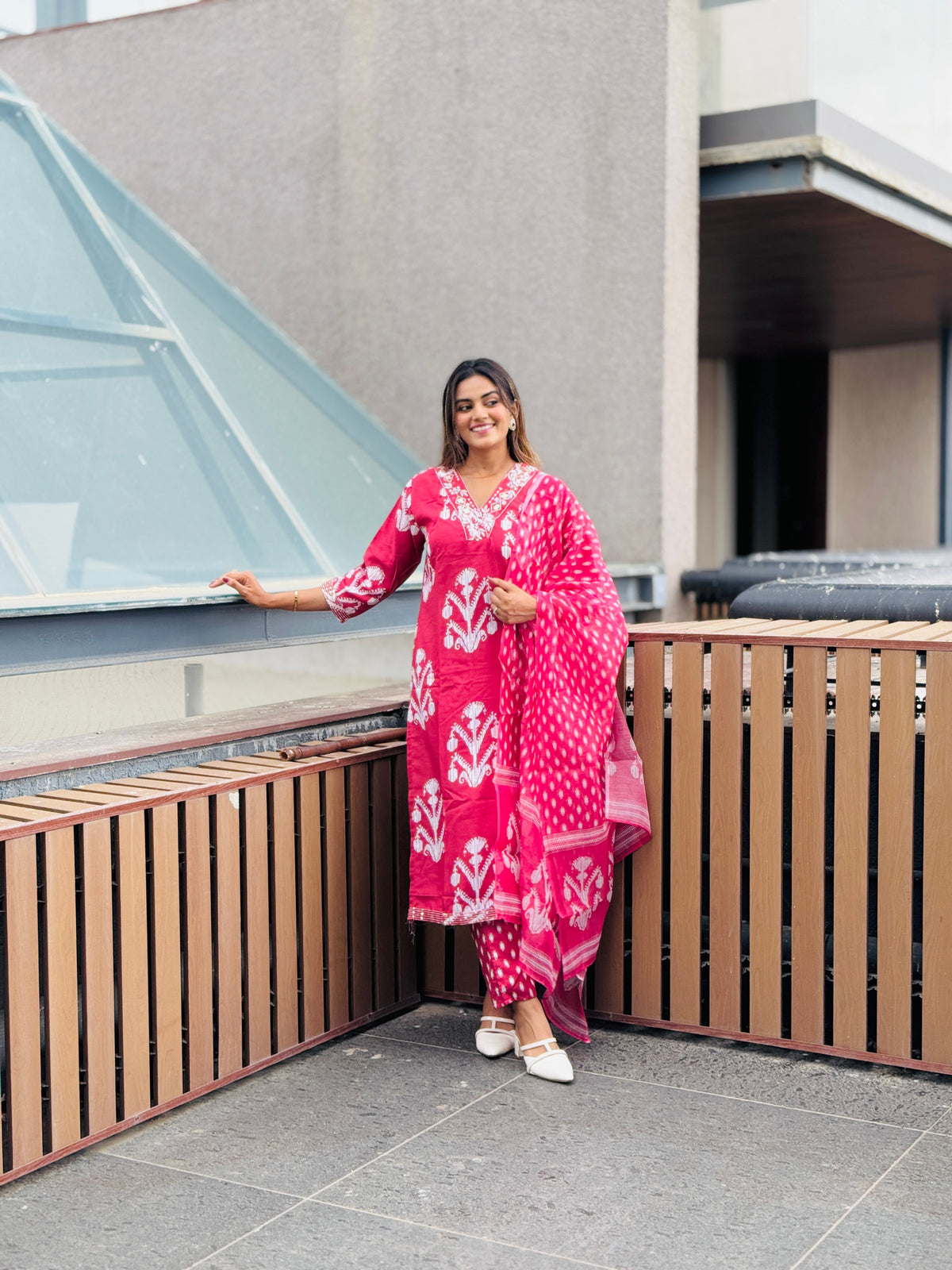 coral Pink Embroidered Kurta Set with Tonal Dupatta