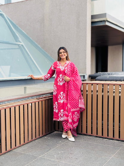 coral Pink Embroidered Kurta Set with Tonal Dupatta