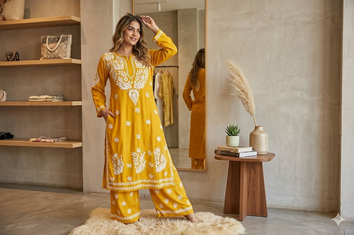 Yellow Chikankari Embroidered Kurta Palazzo Set For Women