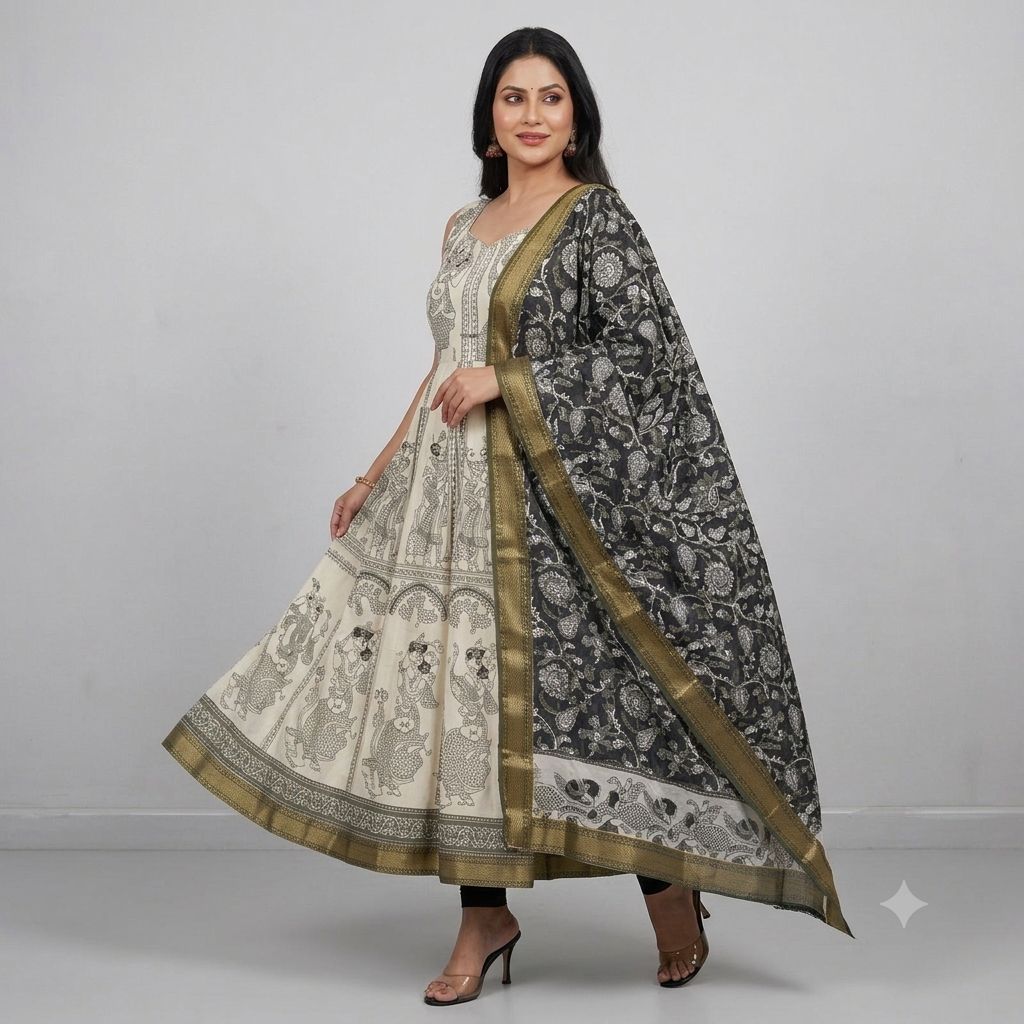 White Cotton Kalamkari Print Anarkali Gown For Women