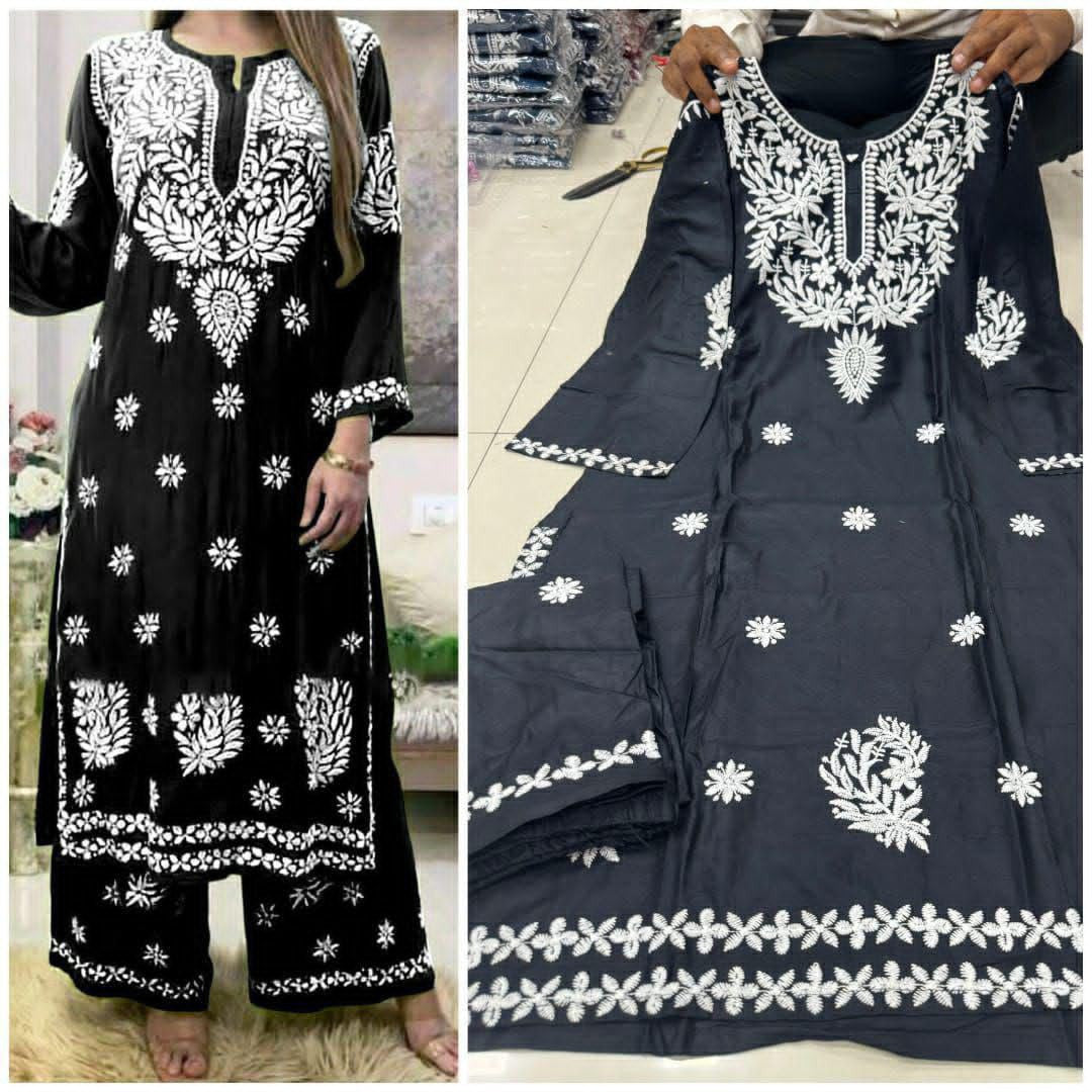 Black Cotton Chikankari Embroidered Kurta Palazzo Set For Women