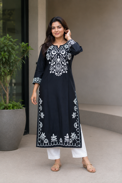 Co-ord set in heavy rayon cotton fabric with chikankari work