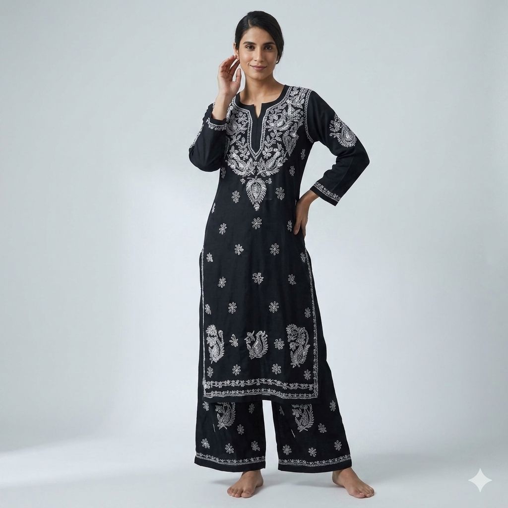 Black Cotton Chikankari Embroidered Kurta Palazzo Set For Women