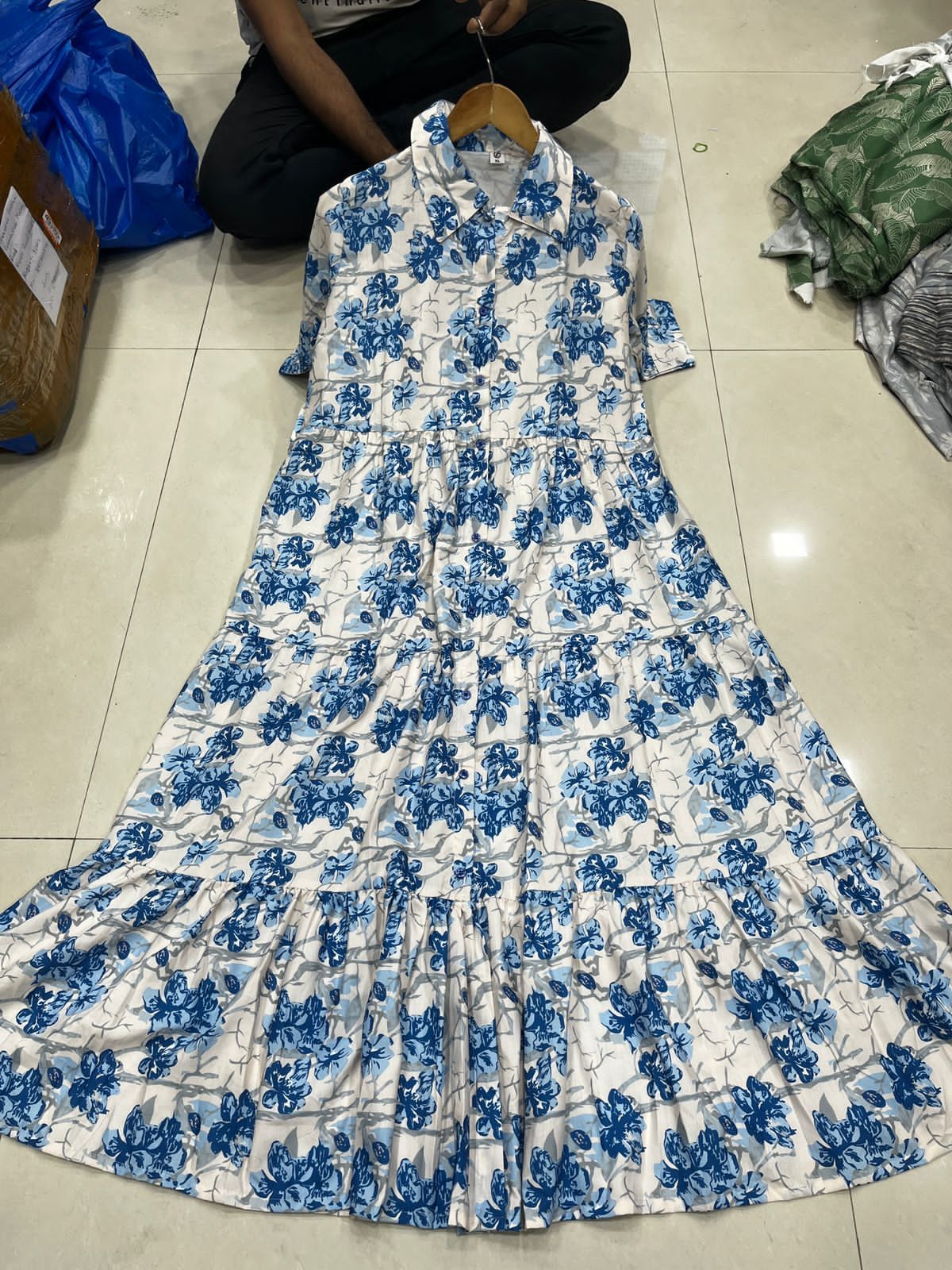 Blue Floral Print Tiered Maxi Shirt Dress For Women