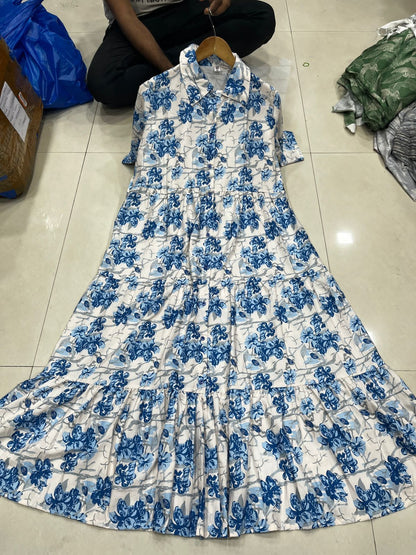 Blue Floral Print Tiered Maxi Shirt Dress For Women