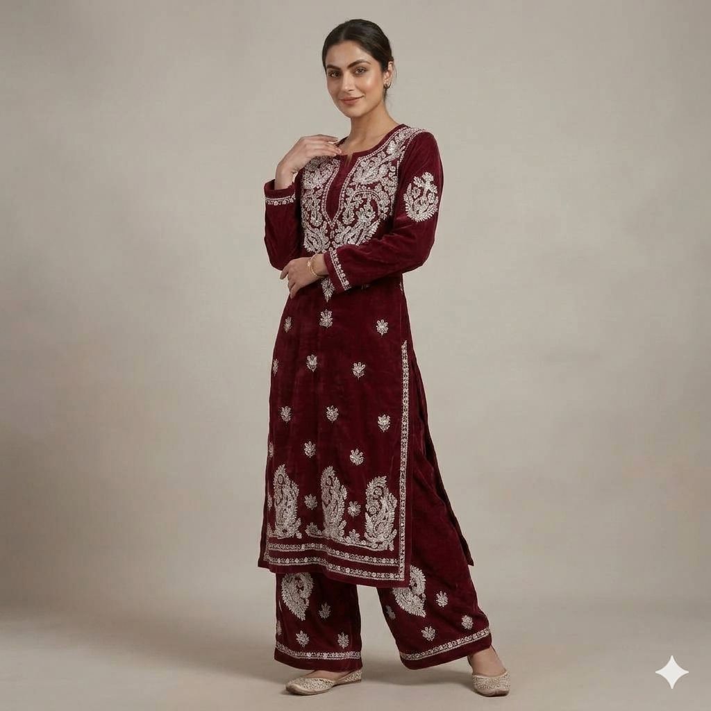 Maroon Cotton Chikankari Embroidered Kurta With Palazzo