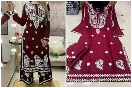 Maroon Cotton Chikankari Embroidered Kurta With Palazzo