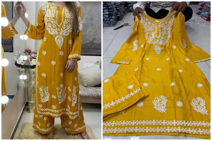 Yellow Chikankari Embroidered Kurta Palazzo Set For Women