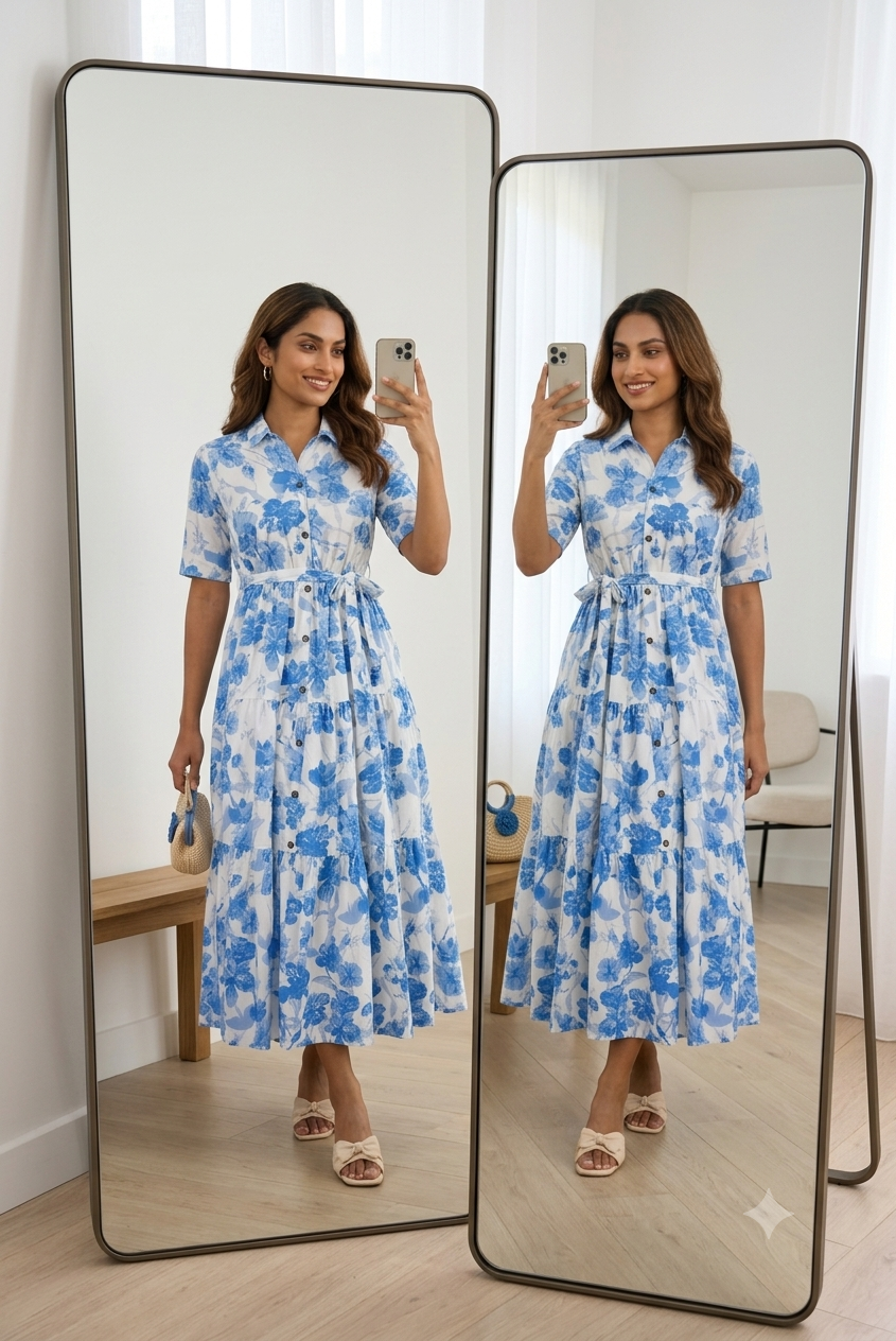 Blue Floral Print Tiered Maxi Shirt Dress For Women