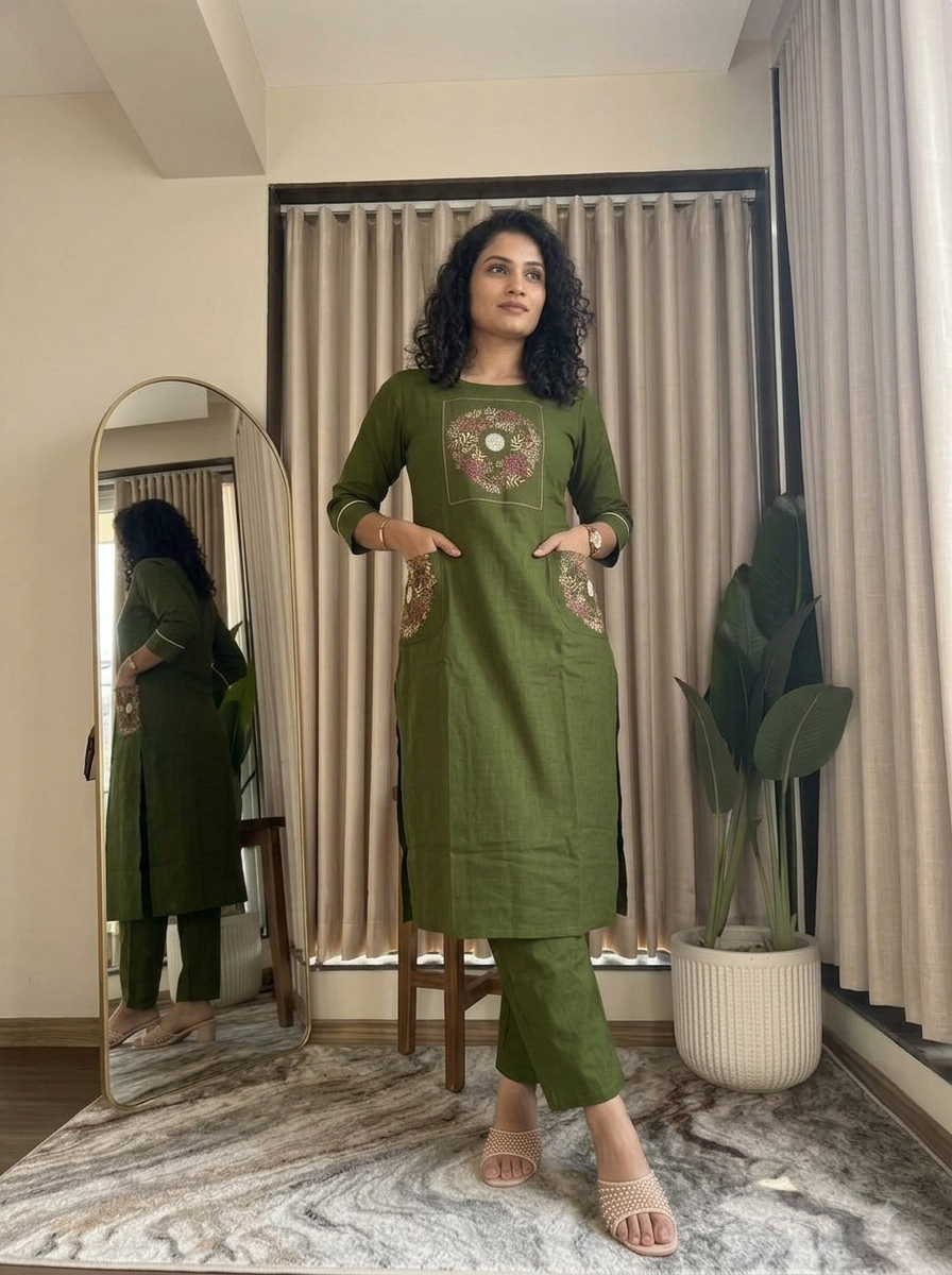 Cotton slub embroidered top with palazzo