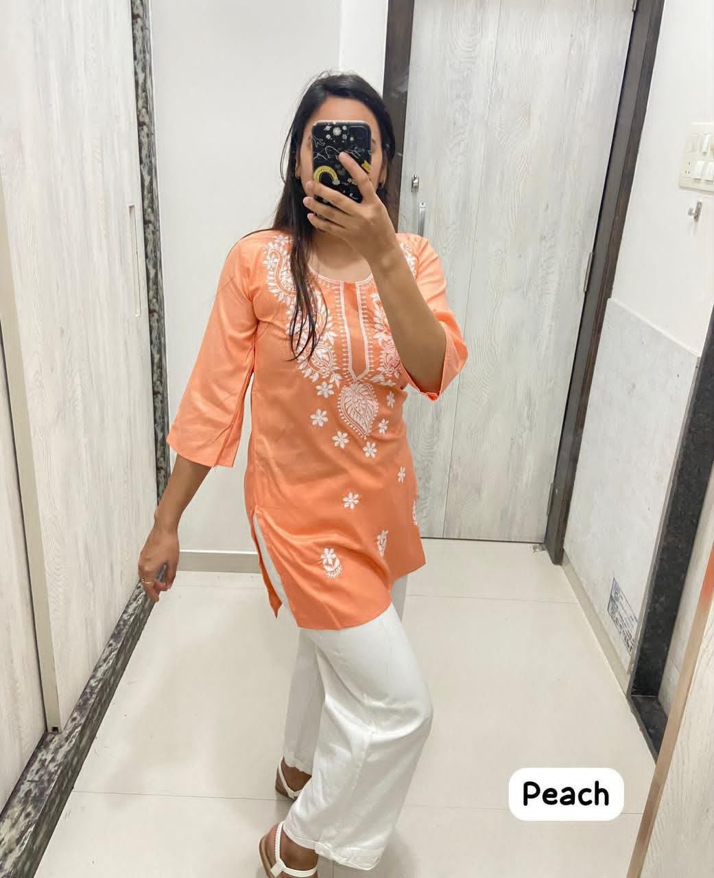 Peach Color Short Kurtas With White Chikankari Embroidery Work